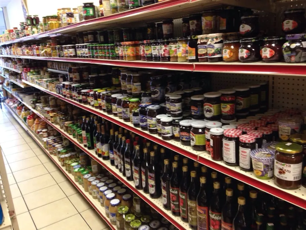 A long aisle of imported groceries