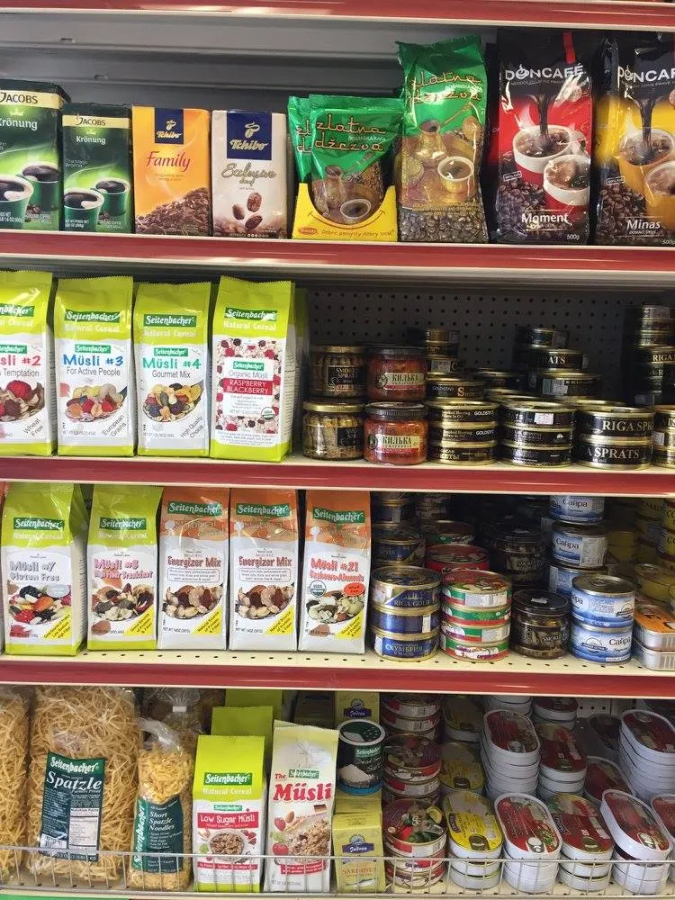 Shelves of imported coffee, tinned fish and soup mixes